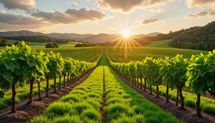 Fototapeta premium Lush vineyard rows under golden sunset, tranquility and abundance