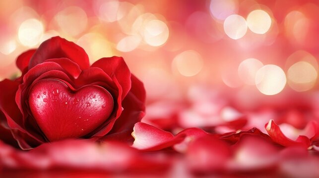 Close-up of a red rose with heart-shaped petals, blurred background - Powered by Adobe