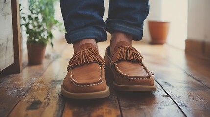 Close-up of tan leather tassel loafers on wooden floor. (1)