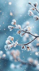 Frosty winter branch with buds, snowing.
