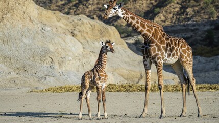 A mother giraffe stands beside her calf in a natural setting.