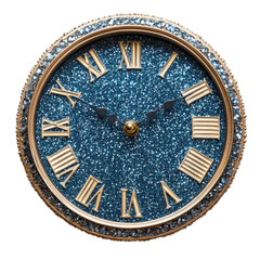 Stylish round clock with blue glitter background and Roman numerals isolated on transparent background, PNG