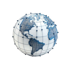Globe illustration with blue grid and network nodes on transparent background, PNG