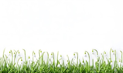 Fototapeta premium Snowdrop flowers and green grass border on white.