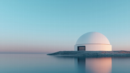 Obraz premium Data Center Heat Water Consumption. Minimalist dome structure by calm water under a serene sky at dawn.