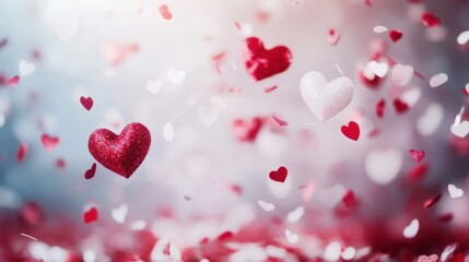 Obraz premium Red and white heart-shaped confetti falling on a romantic backdrop