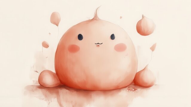 Cute peach blob character, whimsical background, digital illustration, children's book.