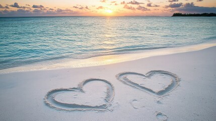 Hearts drawn in the sand on a beach, sunset over the ocean, romantic moment