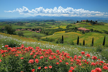 Scenic Tuscan landscape with colorful wildflowers, rolling hills, and distant mountains under a blue sky.