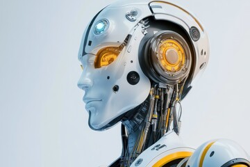 Fototapeta premium Modern robotic figure with intricate design showcasing futuristic technology in a clean environment