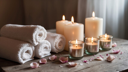 Serene still life showcasing calming candles and soft towels in a tranquil setting