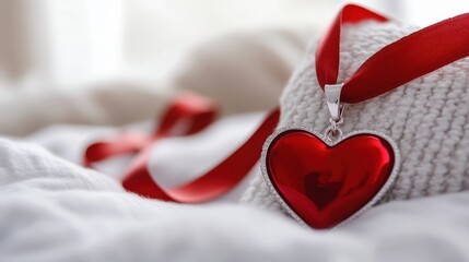 Heart-shaped pendant necklace with a red ribbon on a soft pillow