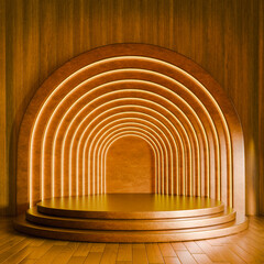 3D multi-tiered golden platform stands against a wooden wall featuring a glowing archway with several layers. The scene has warm tones and a luxurious aesthetic.