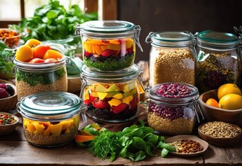 vibrant colorful plant based meal prep display showcasing fresh eye catching dishes nutrient dense varieties well organized table, bowl, variety, veggie
