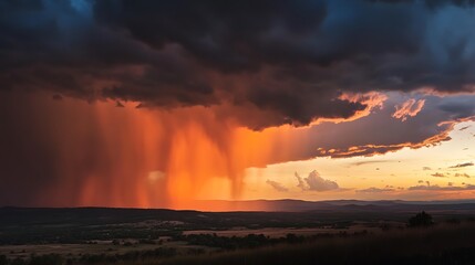 Fiery Sunset Rain Over Rolling Hills Landscape