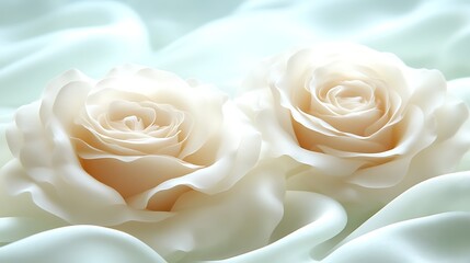 Two cream roses on silk fabric.