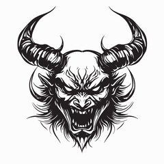Demon Head vector Image. Black and white drawing of a demon with horns.