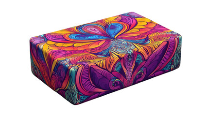 A vibrant patterned yoga block on a transparent background for promoting yoga classes and wellness activities, perfect for health and fitness publications or social media promotion..