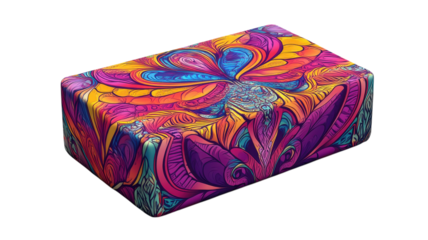 A vibrant patterned yoga block on a transparent background for promoting yoga classes and wellness activities, perfect for health and fitness publications or social media promotion..