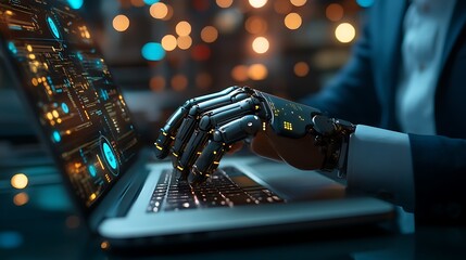 Robotic hand using laptop with digital interface.