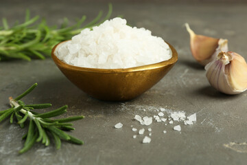 Sea salt in bowl, rosemary and garlic on grey table, closeup