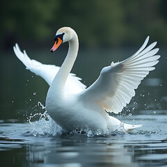 Elegant White Swan Spreading Its Wings in a Tranquil Lake Environment Surrounded by Nature