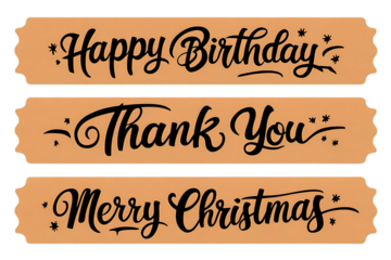 Three festive handwritten tags: Happy Birthday/Thank You/ Merry Christmas.Three decorative tags in a warm peachy-tan color feature black script-style lettering