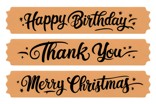 Three festive handwritten tags: Happy Birthday/Thank You/ Merry Christmas.Three decorative tags in a warm peachy-tan color feature black script-style lettering