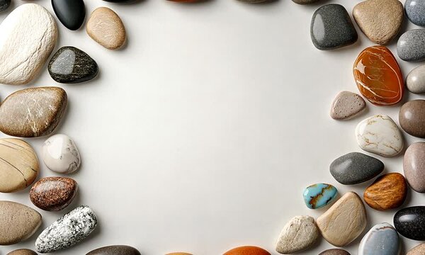 A collection of smooth stones arranged on a light background for decorative purposes.