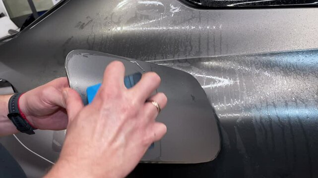 A specialist in wrapping a car with gray matte vinyl or ppf film in the process of work. Car wrapping specialists cover the car with gray matte vinyl film. Gray matte vinyl foil. Selective focus.
