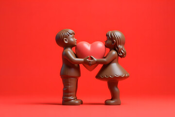 chocolate figurines of kissing couple on flat red background. Saint Valentine's day concept