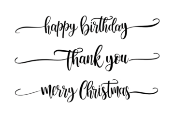 Three festive handwritten tags: Happy Birthday/Thank You/ Merry Christmas.Three decorative tags in a warm peachy-tan color feature black script-style lettering