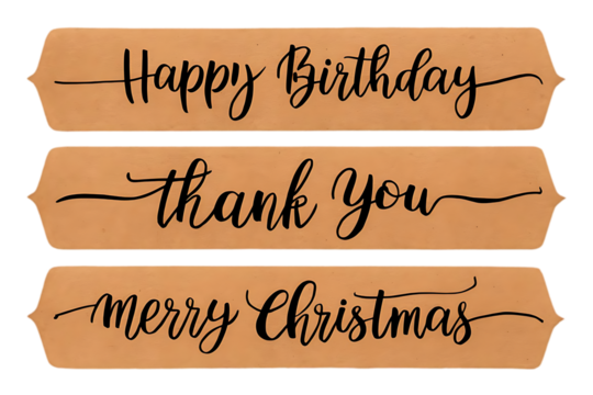 Elegant kraft three rustic-style gift tags each with a different holiday/thank you message ("Happy Birthday"/"Thank You" and "Merry Christmas") in a beautiful script font