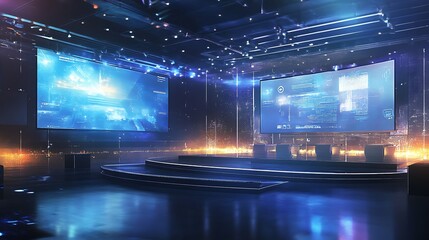 Futuristic conference stage with large screens displaying digital data and cityscapes.