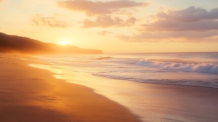 Golden Sunset Over Sandy Beach and Ocean Waves