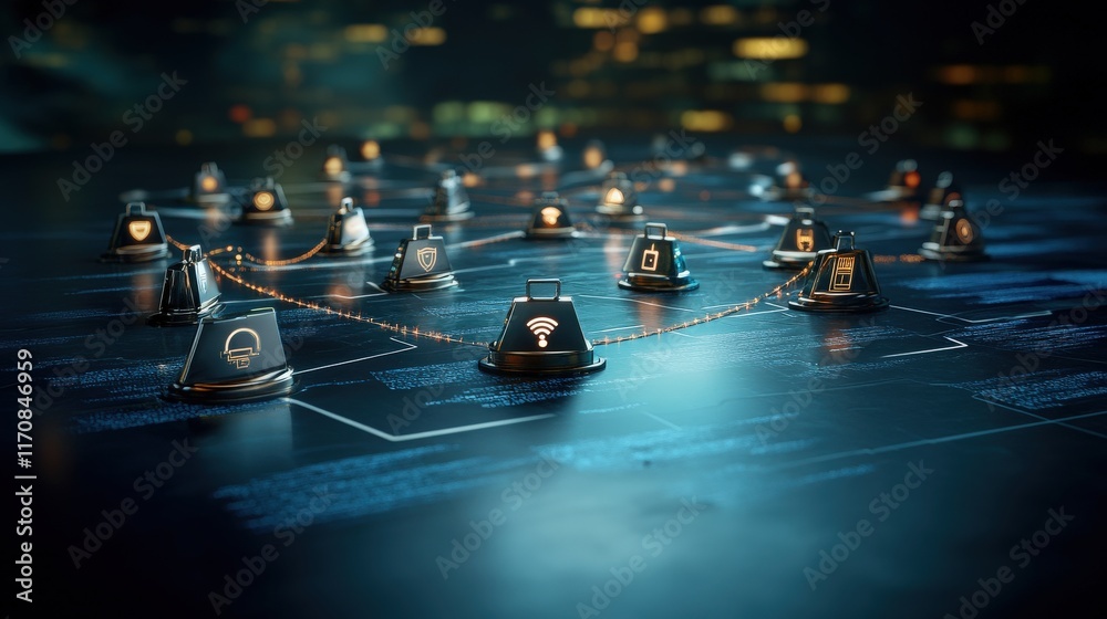 Aufkleber Digital Network Security Concept with Devices Connected by Wireless Signals Representing Internet of Things in a Futuristic City Setting