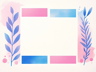 Fototapeta premium Pretty pastel pink and blue watercolor background with stylized leaves. Perfect for social media templates, invitations, or cards.