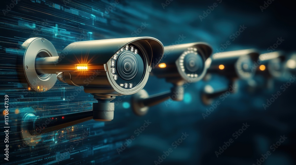Poster High-Tech Security Cameras Monitoring a Digital Environment with Data Streams in Background, Symbolizing Surveillance and Safety Innovation