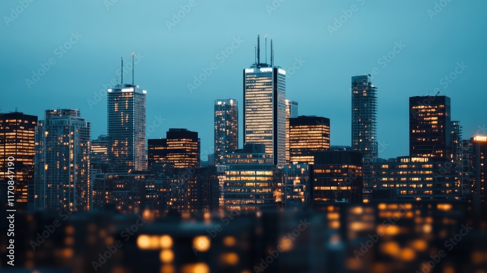 Aufkleber stunning night view of a modern city skyline with illuminated skyscrapers reflecting the evening sky