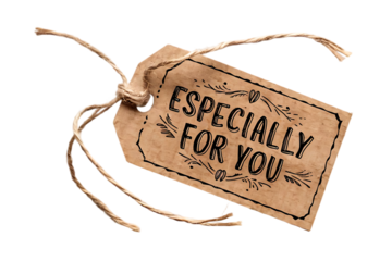 A rustic gift tag that reads "Especially For You". Close-up of a kraft paper gift tag with the message "Especially For You" written in a hand-drawn vintage-inspired font