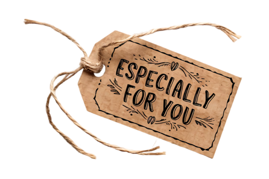 A rustic gift tag that reads "Especially For You". Close-up of a kraft paper gift tag with the message "Especially For You" written in a hand-drawn vintage-inspired font