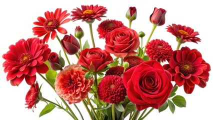 A bouquet of red flowers in different shapes and sizes are placed on a plain white background, with individual blooms isolated against a clear transparent area , kalends, garden decor