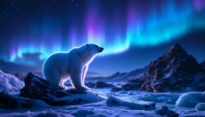 Fototapeta premium Polar Bear Silhouette: Arctic Majesty Under Aurora Borealis