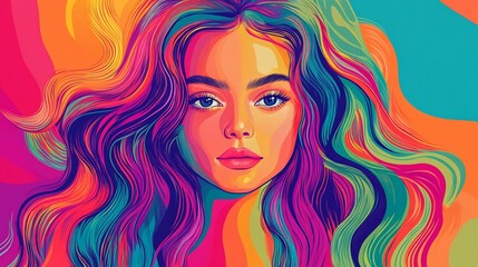 Vibrant portrait of a woman with colorful hair and makeup, set against a dynamic background of swirling, abstract shapes.