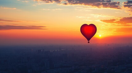 Heart-shaped balloon floating over a romantic cityscape during sunset