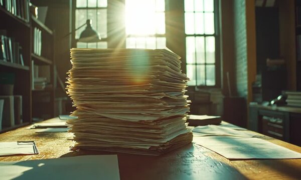 Sunlit stack of papers on desk in office