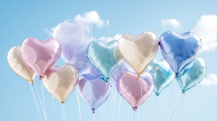 Soft pastel-colored heart-shaped balloons filling the sky with a dreamy effect