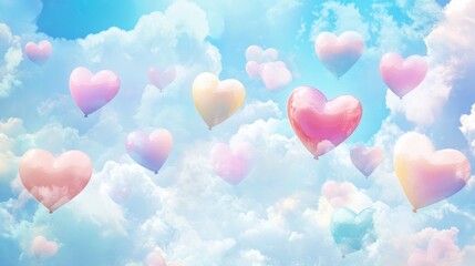 Soft pastel-colored heart-shaped balloons filling the sky with a dreamy effect