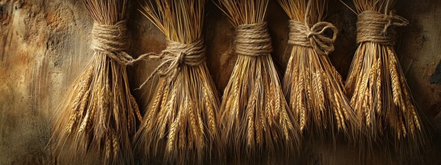 Bundles of grain sheaves tied together in a rustic display showcasing agricultural beauty and craftsmanship