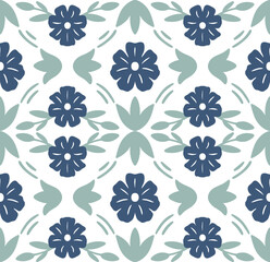 Repeating Floral Pattern with Blue and Mint Green Flowers